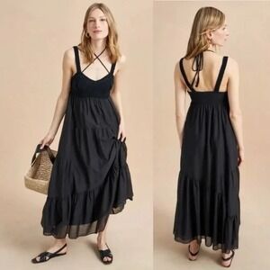 La Ligne Jane Black Crochet Bodice Cotton & Silk Maxi Sundress Sz Small Feminine